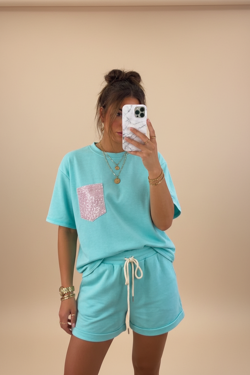 Viral Glitter Pocket Co-ord set Mint