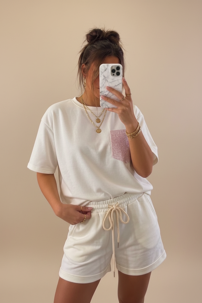 Viral Glitter Pocket Co-ord set Wit-Roze