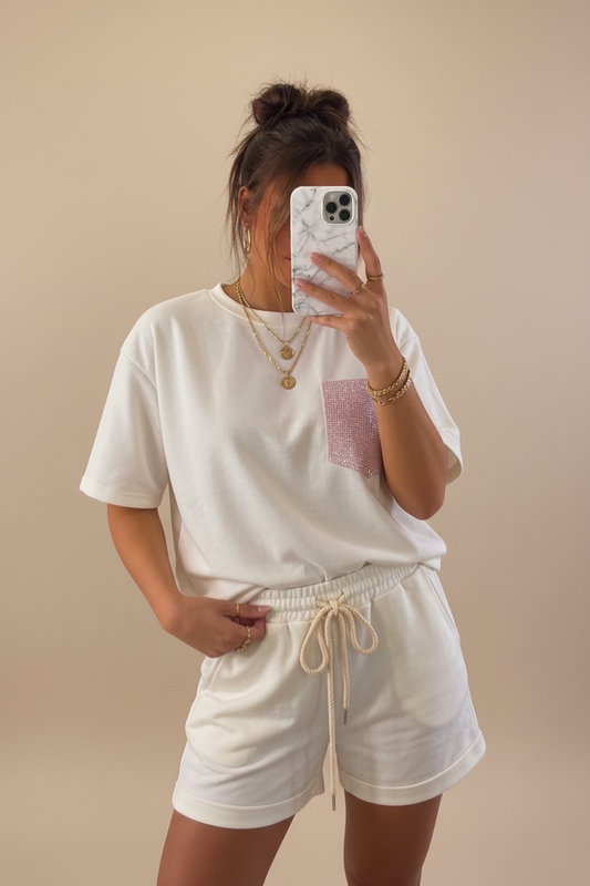 Viral Glitter Pocket Co-ord set Wit-Roze