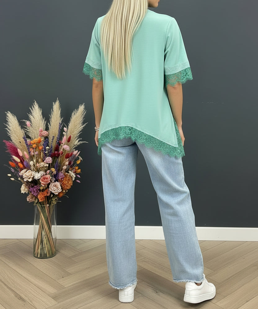 Mint-Roze Long Assymetric Lace Top Kant
