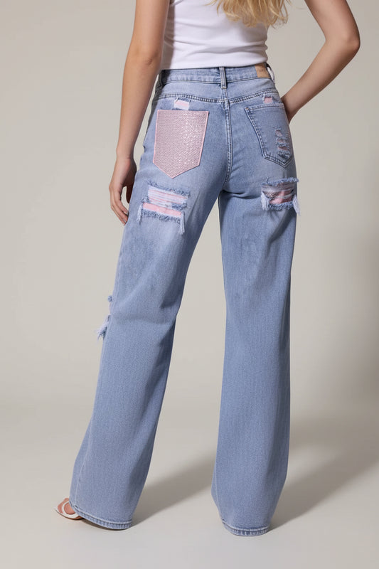 Viral Glitter Pocket Jeans Roze